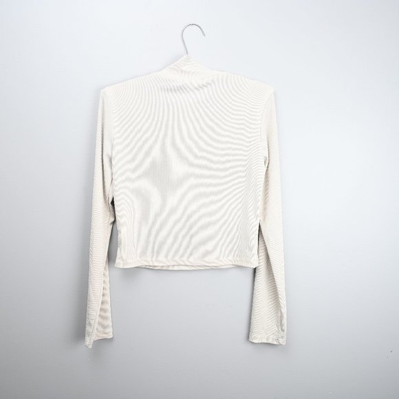Ribbed Long Sleeve Cropped Turtleneck - Cream - Butterfly Chest Cutout - Sz L - Picture 4 of 5